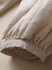 billiga Skjortor-Dam Skjorta Linneskjorta Blus Långa bomullstoppar Ensfärgat Mode Rund hals Gata Dagligen Knappar Kaki Beige Vår &amp; Höst