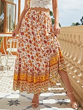 billiga Kjolar-Dam Kjol A-linje Gunga Böhmen Mode Ledigt Boho Maxi Hög midja Kjolar Blommig Snörning Mönster Kluvna toppar Semester Dagligen Gul Rubinrött Grön Sommar Konstsilke