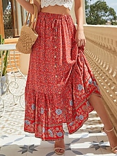 billiga Kjolar-Dam Kjol A-linje Gunga Böhmen Mode Ledigt Boho Maxi Hög midja Kjolar Blommig Snörning Mönster Kluvna toppar Semester Dagligen Gul Rubinrött Grön Sommar Konstsilke