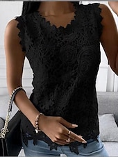 Women's Camisole Tank Top Eyelet top White Lace Shirt Women's Black White Pink Solid Color Lace Street Daily Fashion Round Neck S 9