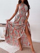 billige Boho-kjoler-Dame Lang kjole Maxikjole Uformell kjole Boho elegante kjoler Boho-kjole Bohem Gatemote A-linje Feriereise Gate Ferie Normal Blomstret Paisly Ermeløs Grimehals Rød Blå Sommer