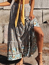 preiswerte Röcke-Damenrock A-Linie Swing Bohemia Maxirock mit hoher Taille Blumendruck Blumen Urlaub Sommer Casual Boho Aprikose Rot