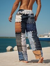 cheap Men&#039;s Printed Casual Pants-Plaid Color Block Men&#039;s Resort 3D Printed Casual Pants Trousers Elastic Waist Drawstring Loose Fit Straight-Leg Summer Beach Pants S TO 3XL