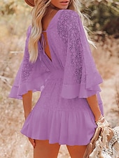 cheap White Lace Dresses-Women&#039;s Mini Dress White Dress Lace Dress Boho Chic Dresses Boho Dress Bohemia A Line Date Regular Fit 3/4 Length Sleeve V Neck Black White Yellow Pink Summer Spring