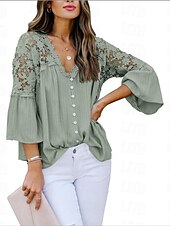 preiswerte Basic-Damenoberteile-Hemd Boho-Shirt Spitzenhemd Bluse Damen Schwarz Weiß Rosa Feste Farbe Spitze Taste Strasse Täglich Modisch V Ausschnitt S