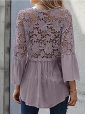 preiswerte Basic-Damenoberteile-Hemd Boho-Shirt Spitzenhemd Bluse Damen Schwarz Weiß Rosa Feste Farbe Spitze Taste Strasse Täglich Modisch V Ausschnitt S