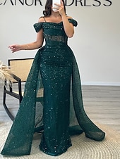 olcso Bálruhá Estélyi ruhák-Minta Prom Ruhák Elegáns Ruha Formális Prom Padló Hosszú Rövid Ujjú Vállról Lezser Strasszos Ráncos Maszkabál Ruha