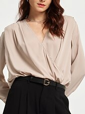 billige Bluser og skjorter-langermet bluse for kvinner uformell essensiell arbeidstop satengbeige v-hals imitert omslagsbluse