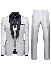 cheap Dinner Party-Men&#039;s Party Tuxedos Sparkle Silver Black Jacquard Tailored Fit 3 Piece Single Breasted One-button