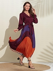 cheap Print Casual Dress-Women&#039;s Satin Dress Hem Maxi Purple Long Sleeve Geometic Button Tie Belt Spring V Neck Maxi Dress S M L
