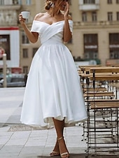 baratos Vestidos Brancos Curtos-Vestidos de Noiva Simples Vestidos Brancos de Cetim Vestidos A-Line Ombros Descidos Formais com Manga Curta Comprimento Chá com Cor Sólida 2025