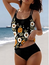 billiga Tankinis-Damernas badkläder tankini 2 del shorts baddräkt 2 del tryck semester strandkläder blommig ärmlös baddräkter