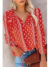 economico Tops Boho-camicia da donna camicia boho camicetta moda floreale geometrico con lacci stampa manica lunga top regolari scollo a V casual festa nero bianco rosa vino rosso primavera&amp;amp;  autunno