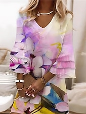 billige Blomsterkjole-Kvinne Mini Kjole Casual Kjole Semi Formell Kjole Petite Kjole Sundress Streetwear Ruffle Erme Ferie Gate Date Regular Fit Blomster 3/4 Lengde Erme V Utringning Hvit Rosa Blå Lilla