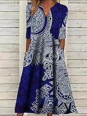 halpa Boho-mekko-Naisten Midimekko Etninen mekko Kesämekko Painatus mekko Vintage Etninen Viidakko ulko- Päivittäin Deitti Normaali Kukka Tribaali Puolihiha Halkaistu kaula Musta Kesä Kevät