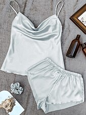 billige Nattøy for damer-pyjamassett for kvinner 3 deler ren farge moteelskere komfort hjem daglig seng sateng silke pustende stropper ermeløse stropp topp shorts ryggløs elastisk midje sommer vår hjemmeantrekk