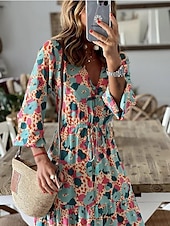 preiswerte Ausgefallene Kleider-Damen kleid lang Paisley-Kleid Casual kleid Boho Chic Kleider Boho-Kleid Böhmen Ethnisch A-Linie Urlaub Strasse Festtage Lockere Passform Paisley-Muster Langarm V Ausschnitt Rosa Blau Grün Sommer