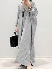 cheap Print Cotton &amp; Linen Dresses-Women&#039;s Black White Light Green Summer Spring Fall Maxi Dress Cotton Linen Dresses Casual Dress Shift Dress Basic Casual Outdoor Winter Dress Vacation Loose Fit Striped Shirt Collar