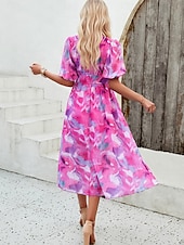 abordables Robes fleuries décontractées-robe décontractée pour femme imprimé floral col en V robe midi ethnique bohème vacances manches courtes été