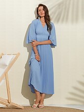 abordables robe décontractée-robe d&#039;invité de mariage pour femme maxi bleu col en v manches dolman plissée en mousseline de soie