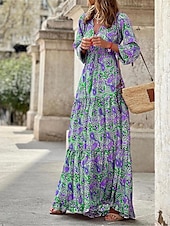 preiswerte Ausgefallene Kleider-Damen kleid lang Paisley-Kleid Casual kleid Boho Chic Kleider Boho-Kleid Böhmen Ethnisch A-Linie Urlaub Strasse Festtage Lockere Passform Paisley-Muster Langarm V Ausschnitt Rosa Blau Grün Sommer