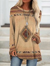 ieftine topuri tunică-Pentru femei Tricou Tunică Marron Galben Verde Deschis Geometric Plisat Imprimeu Manșon Lung Casual Tunici Epocă Έθνικ Rotund Lung Tema boem Geometric ă Mărime Plus S
