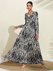 abordables Robe de cocktail-neva - robe longue trapèze en satin bulle à imprimé tacheté noir et blanc, col en V, manches longues
