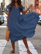 ieftine proiectează rochii din bumbac și in-Pentru femei Rochie Lunga Rochie Maxi Rochii de in bumbac Rochie casual Rochie leagăn Rochie A line Șic Stradă Maxi Vacanță Stradă Concediu Potrivire Largă Manșon scurt În V Galben Roz Îmbujorat