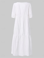 preiswerte Weiße Freizeitkleider-Damen mittellanges Kleid weiß gestuft Bohemian Stil kurze Puffärmel lässig fließend Strand Sommer atmungsaktive Baumwolle Kleidung Bekleidung
