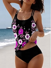 billiga Tankinis-Damernas badkläder tankini 2 del shorts baddräkt 2 del tryck semester strandkläder blommig ärmlös baddräkter