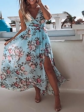 billiga Eleganta blommiga klänningar-Dam Långklänning Maxiklänning Vardagsklänning Swingklänning A linjeklänning Sommarklänning Hawaiisk Maxi Boho Semester Gata Helgdag Normal Blommig Ärmlös V-hals Gul Rodnande Rosa Grön Ljusblå Sommar