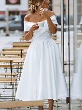 baratos Vestidos Brancos Curtos-Vestidos de Noiva Simples Vestidos Brancos de Cetim Vestidos A-Line Ombros Descidos Formais com Manga Curta Comprimento Chá com Cor Sólida 2025