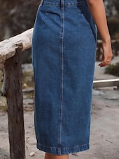 abordables Jupes-Femme Jupe Jupe mi-longue en jean Mode Décontractées Midi Taille haute Jupes Couleur Pleine Pointes fourchues Casual Quotidien Fin de semaine Noir bleu marine Bleu de minuit Eté Jean