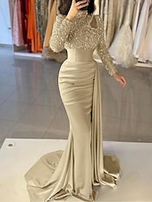 preiswerte BLAU-Meerjungfrau Abendkleid Pailletten Elegantes Kleid Formal Sweep  Brush Zug Lange Ärmel Hoher Hals Satin mit Perlen Maskeradenkleid 2025