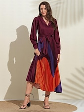 cheap Print Casual Dress-Women&#039;s Satin Dress Hem Maxi Purple Long Sleeve Geometic Button Tie Belt Spring V Neck Maxi Dress S M L
