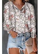 economico Tops Boho-camicia da donna camicia boho camicetta moda floreale geometrico con lacci stampa manica lunga top regolari scollo a V casual festa nero bianco rosa vino rosso primavera&amp;amp;  autunno