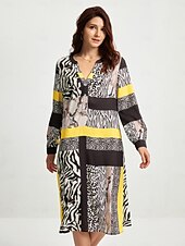 cheap Print Casual Dress-Satin Casual Leopard Print V Neck Midi Dress