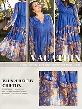 economico abito casual stampato-abito boho in chiffon con fiori tropicali e maniche a sbuffo