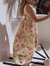 billiga Eleganta blommiga klänningar-Dam Långklänning Maxiklänning Vardagsklänning Swingklänning A linjeklänning Sommarklänning Hawaiisk Maxi Boho Semester Gata Helgdag Normal Blommig Ärmlös V-hals Gul Rodnande Rosa Grön Ljusblå Sommar