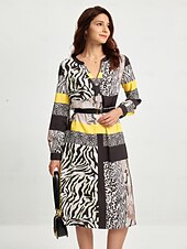 cheap Print Casual Dress-Satin Casual Leopard Print V Neck Midi Dress