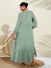 economico abito casual stampato-Per donna Abito linea A Orlo maxi Vestito maxi Verde Manica lunga Geometrico geometrico geometrico Primavera A V Vestito con motivo Stile di moda semplice Da mare S M L
