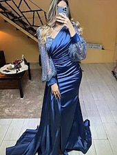 preiswerte Rosa-Meerjungfrau Pailletten Abendkleid Vintage Kleid formell Black Tie bodenlang lange Ärmel V-Ausschnitt Charmeuse mit Knöpfen Perlen Maskerade Kleid