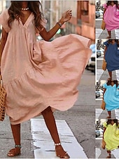 ieftine proiectează rochii din bumbac și in-Pentru femei Rochie Lunga Rochie Maxi Rochii de in bumbac Rochie casual Rochie leagăn Rochie A line Șic Stradă Maxi Vacanță Stradă Concediu Potrivire Largă Manșon scurt În V Galben Roz Îmbujorat