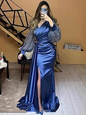 preiswerte Rosa-Meerjungfrau Pailletten Abendkleid Vintage Kleid formell Black Tie bodenlang lange Ärmel V-Ausschnitt Charmeuse mit Knöpfen Perlen Maskerade Kleid