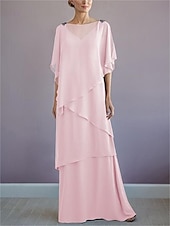 voordelige Vloerlengte-ts strand bruiloft a-lijn moeder van de bruid jurk formele bruiloft gast elegante bateau hals vloer lengte chiffon halve mouw met ruches drapering laag 2025