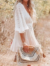 cheap White Lace Dresses-Women&#039;s Mini Dress White Dress Lace Dress Boho Chic Dresses Boho Dress Bohemia A Line Date Regular Fit 3/4 Length Sleeve V Neck Black White Yellow Pink Summer Spring