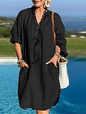 cheap Design Cotton &amp; Linen Dresses-Women&#039;s Black Blue Brown Summer Spring Mini Dress Cotton Linen Dresses Shirt Dress Casual Dress Basic Modern Daily Weekend Loose Fit Plain Split Neck