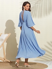 abordables robe décontractée-robe d&#039;invité de mariage pour femme maxi bleu col en v manches dolman plissée en mousseline de soie