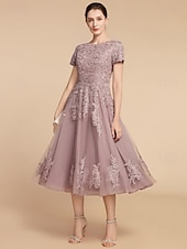 cheap Tea Length-A-Line Mother of the Bride Dress Wedding Guest Elegant Petite Jewel Neck Tea Length Lace Tulle Short Sleeve with Ruching Flower 2025 free custom size