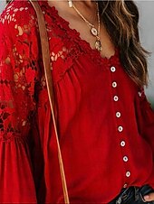 preiswerte Basic-Damenoberteile-Hemd Boho-Shirt Spitzenhemd Bluse Damen Schwarz Weiß Rosa Feste Farbe Spitze Taste Strasse Täglich Modisch V Ausschnitt S